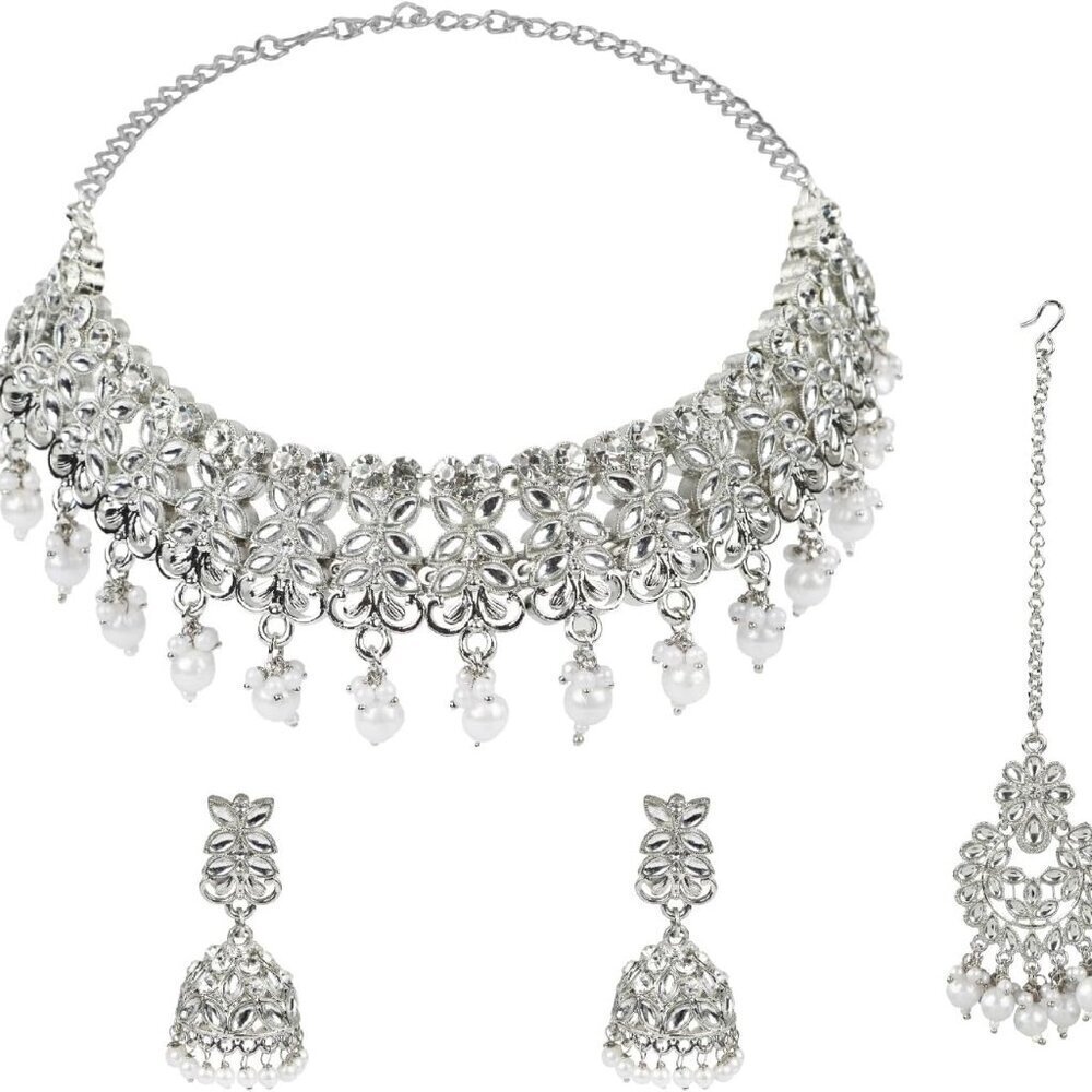 Traditional Indian Jewelry Set Faux Pearl Kundan Maangtikka Earrings